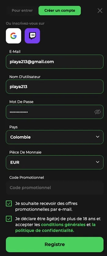 fenêtre d'inscription sur Betify